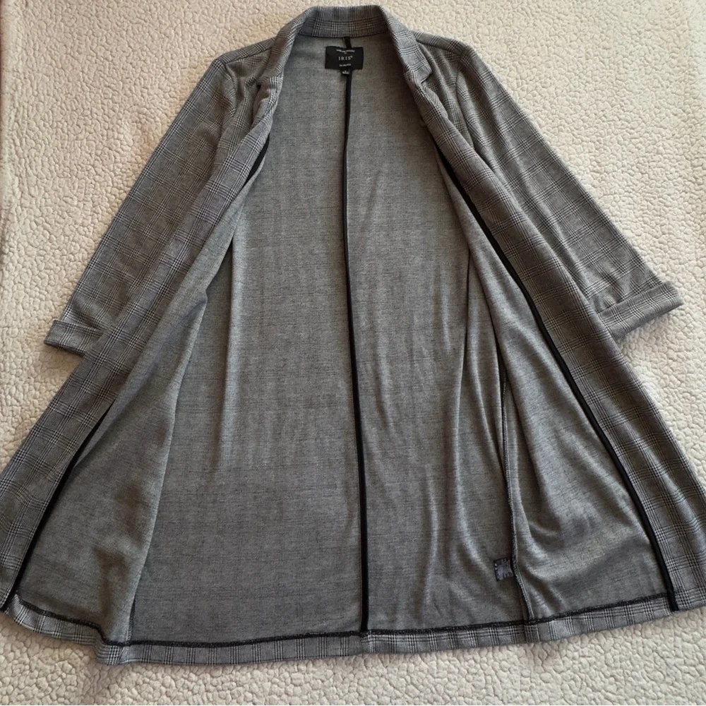 Iris Gray Plaid Longline Open Front Blazer Jacket Career Size M